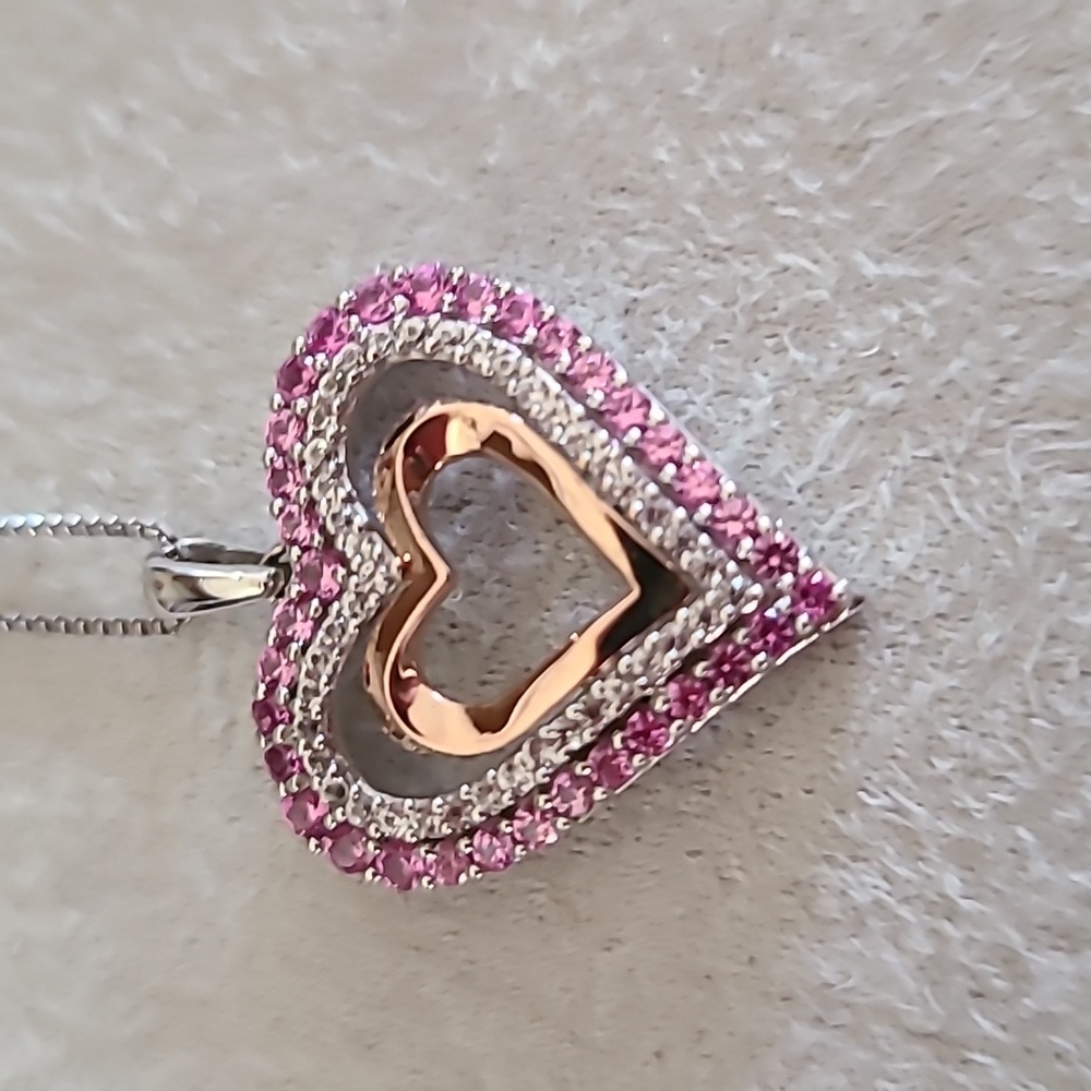 STERLING SILVER BEAUTIFUL PINK SAPPHIRE HEART PENDANT APPROX 18"